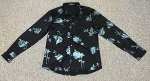 ZEROYAA Mens S Black Teal Metallic Rose Floral Print Button Up Dress Shirt Long